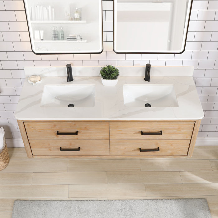 Ebern Designs Zytavious 60'' Wall Mounted Double Bathroom Vanity with Quartz Top with Mirror ...